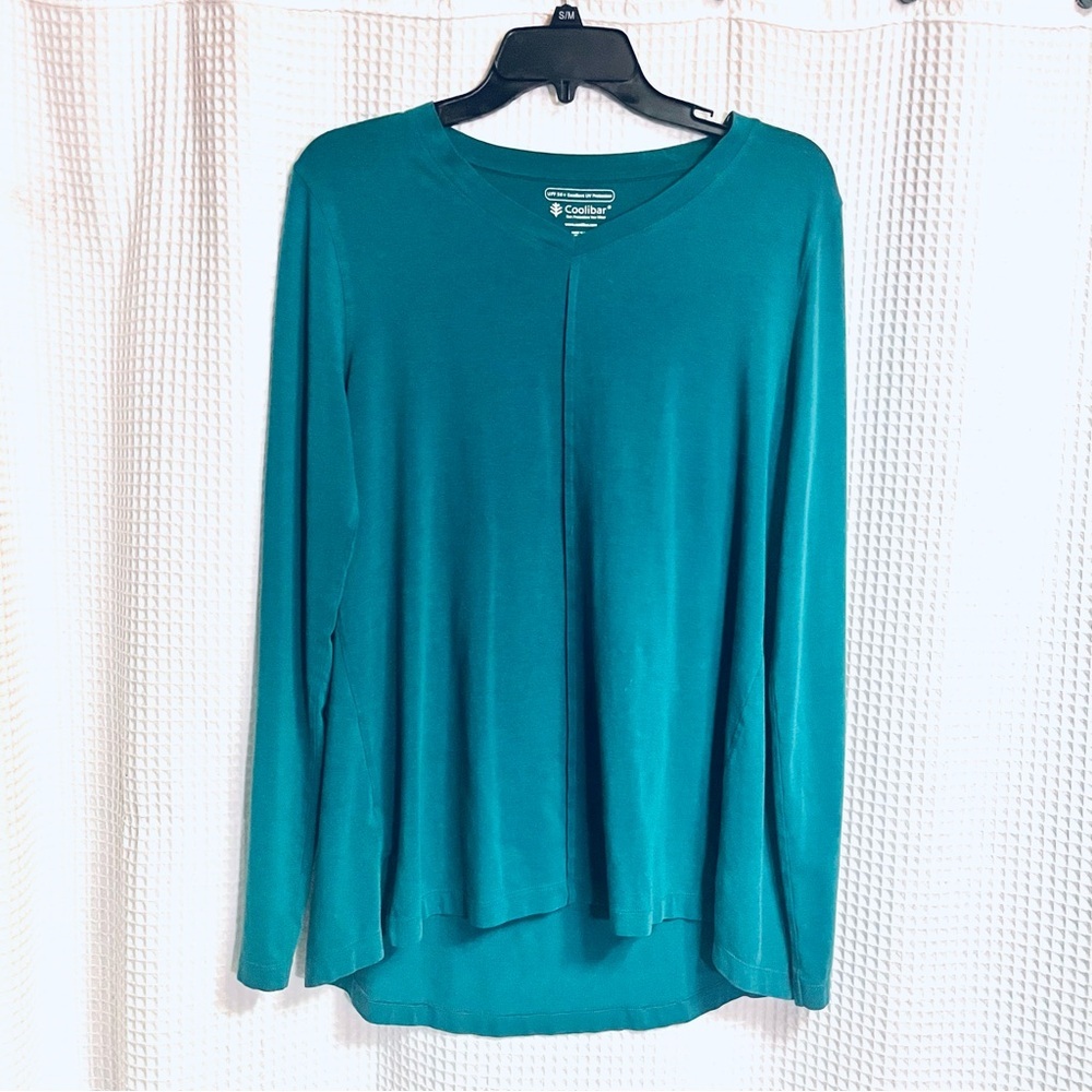 Coolibar Sun Protect Teal Tunic Soft Cotton Blend Vneck Long Sleeve Hi Low Top M - Picture 3 of 7